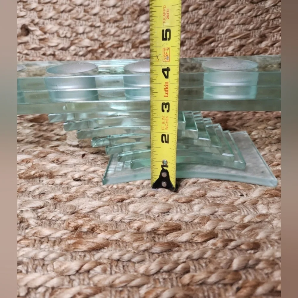 PartyLite Tea Light Candle Holder.Thick Green Glass Stacked Pedestal.Modern.Gift